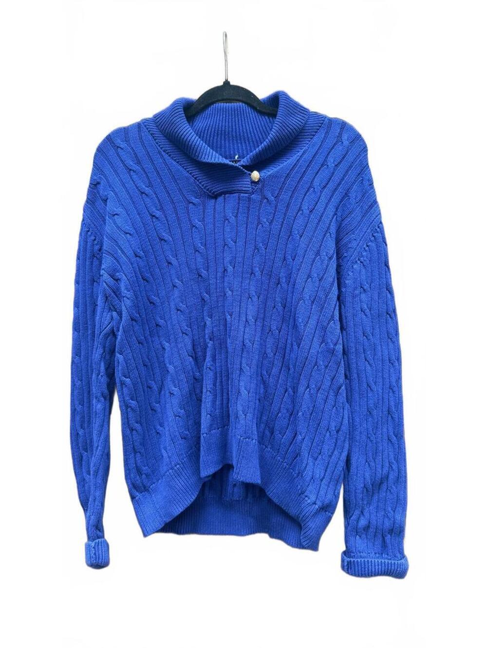 CHAPS Ralph Lauren Cable Knit Sweater XL Blue 100% Cotton Neck Chunky Knit